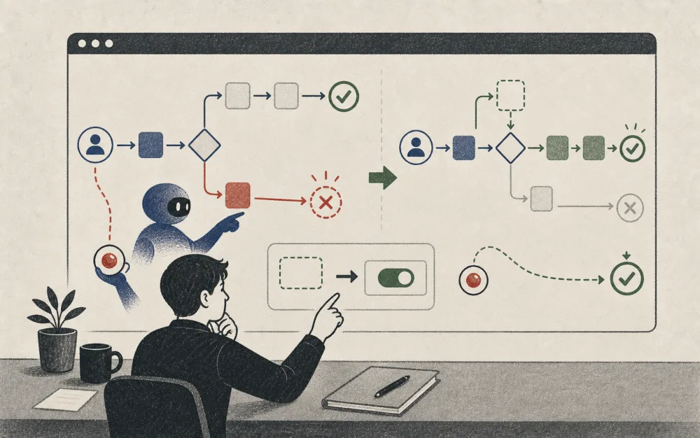 A workflow follows a technically successful but semantically wrong branch before a human approves a guard repair.