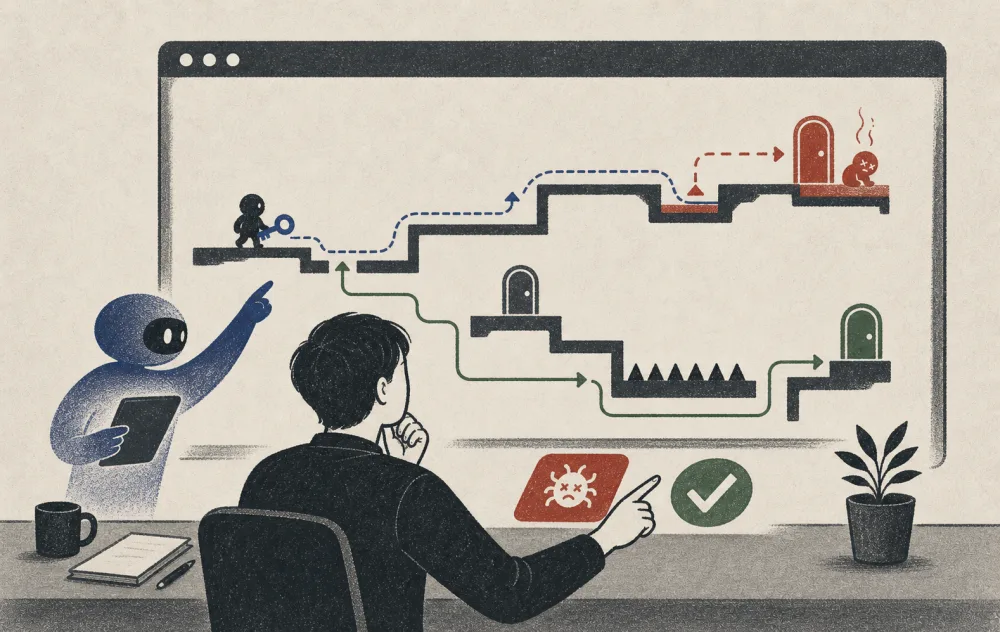 An unplayed puzzle action sequence strands the player and two level repairs await a designer verdict.