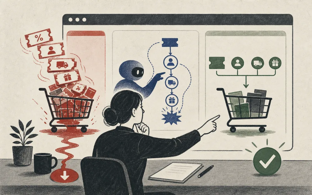 An Agent traces stacked promotions into a loss-making cart while a human reviews two repairs.
